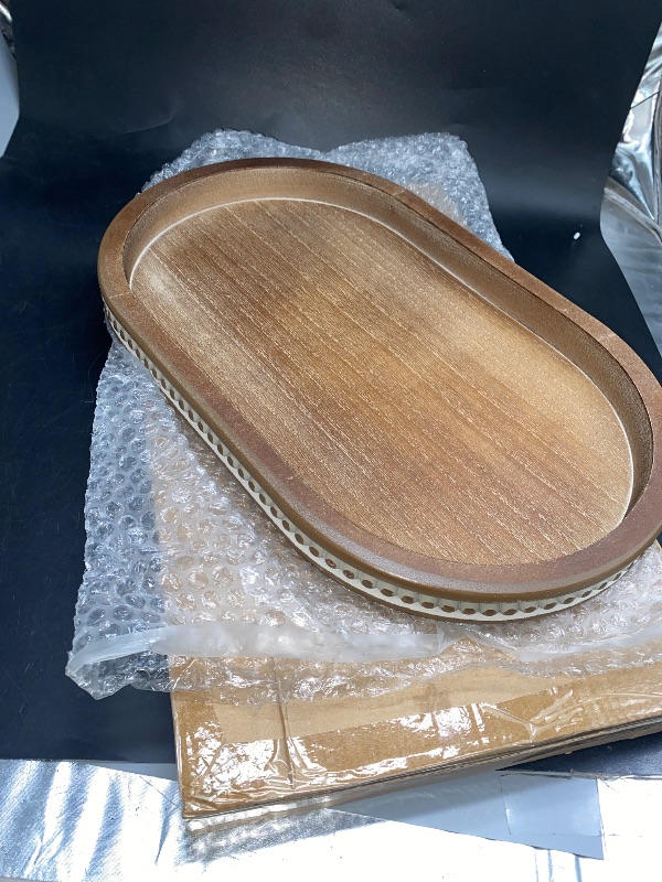 Photo 2 of Hanobe Decorative Serving Tray Wood: Brown Bead Oval Tray for Coffee Table Rustic Wooden Trays Decor Farmhouse Kitchen Counter Tray Vintage Centerpiece for Living Room Home Organizer
