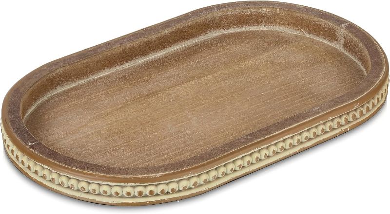 Photo 1 of Hanobe Decorative Serving Tray Wood: Brown Bead Oval Tray for Coffee Table Rustic Wooden Trays Decor Farmhouse Kitchen Counter Tray Vintage Centerpiece for Living Room Home Organizer
