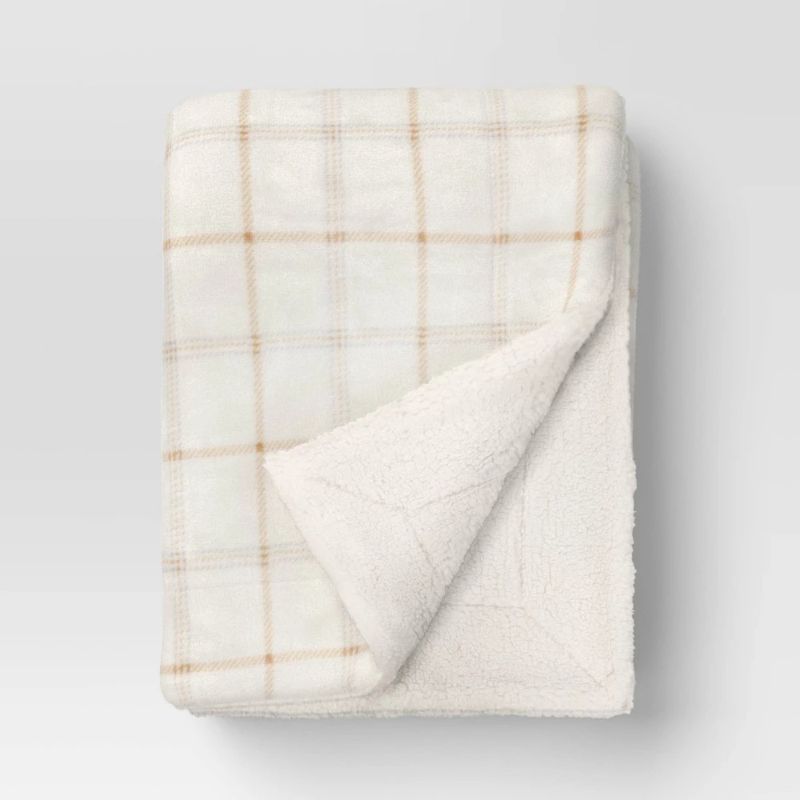 Photo 1 of Plaid Printed Plush Throw Blanket Faux Shearling Reverse Ivory/Gray/Tan - Threshold™: Lightweight, Knitted, 50x60", OEKO-TEX Certified
