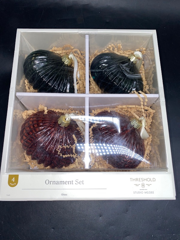 Photo 1 of set of four glass Christmas ornaments from Target's Threshold brand, designed in collaboration with Studio McGee.