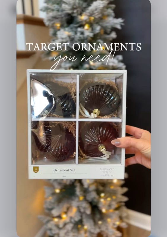 Photo 1 of set of four glass Christmas ornaments from Target's Threshold brand, designed in collaboration with Studio McGee.