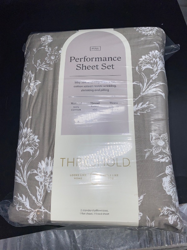 Photo 2 of Full Printed Performance 400 Thread Count Sheet Set Khaki Floral - Threshold™: Cotton, Includes 4 Pieces, Fits 18" Mattress
