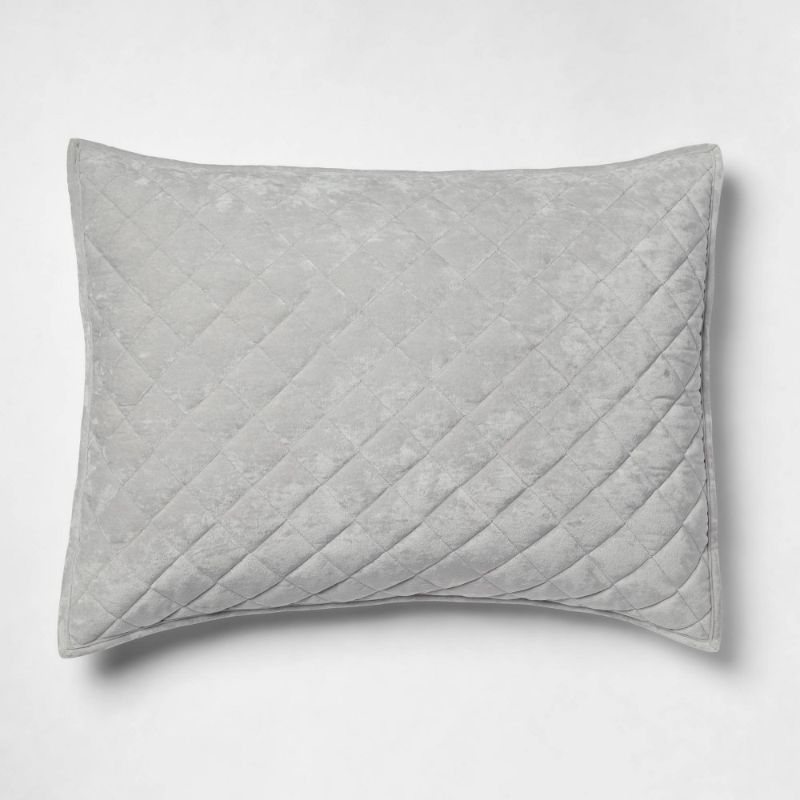 Photo 1 of Standard Luxe Diamond Stitch Velvet Quilt Sham Light Gray - Threshold™: OEKO-TEX Certified, Polyester, Machine Washable
