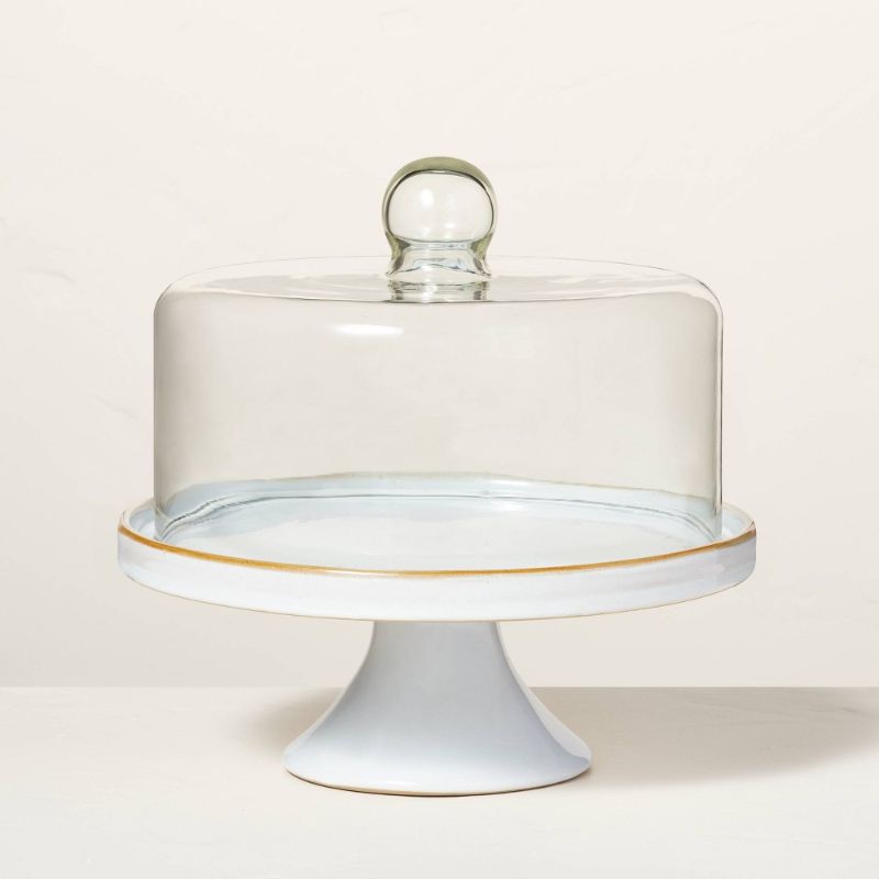 Photo 1 of 11" Stoneware Reactive Glaze Cake Stand with Glass Cloche Cream - Hearth & Hand™ with Magnolia