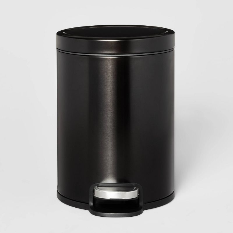 Photo 1 of 5L Round Step Trash Can Black - Brightroom™: Stainless Steel, Quiet Close Lid, Pedal-Operated, Removable Inner Bucket
