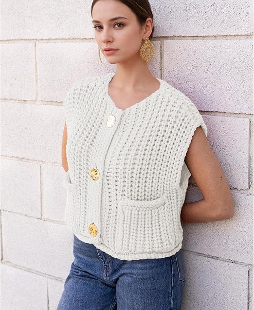Photo 1 of MEDIUM- Hixiaohe Womens Crochet Chunky Knit Top Sleeveless Button Down Crop Tops Trendy Cardigan Sweater Vest for Women with Pockets
