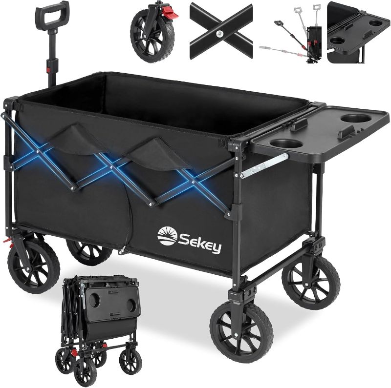 Photo 1 of Sekey 250L Collapsible Wagon with Folding Table and Drink Holders, Foldble Beach Wagon with All-Terrain Wheels Load up to 330LBS for Shopping, Camping, Sports.Black
