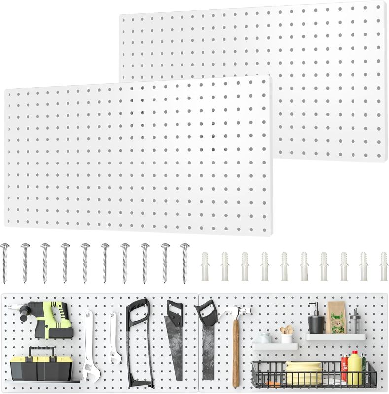 Photo 1 of Metal Pegboard Panels, Peg Boards 24”×12” Pegboard Wall Organizer 2 Pcs Lager Metal Peg Board for Walls Home, Garage Tool Storage, Office Organization, Craft Room, Kitchen?White?
