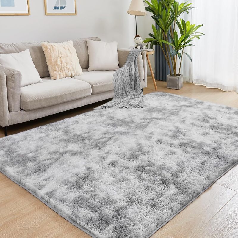 Photo 1 of Ultra Soft Area Rugs for Living Room, 5x7 Tie-Dyed Light Grey Fluffy Plush Rugs for Bedroom, Non-Slip Floor Carpet for Nursery, Bedside, Playroom, Corridor, Indoor Decor
