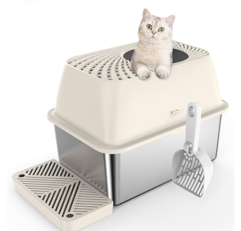 Photo 1 of 8" Deep Stainless Steel Litter Box with Lid, Top Entry Litter Box for Dog-Proof, Covered Cat Litter Box with Filter Footboard & Scoop, Odor Control, Anti-Leakage, Non-Sticky, Easy Cleaning (Ivory)