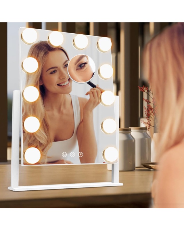 Photo 1 of Vanity Mirror with Lights, Hollywood Lighted Makeup Mirror with 3 Color Lighting Modes and 12 Dimmable Bulbs, Detachable 5X Magnification, Smart Touch Control, 360°Rotation, White