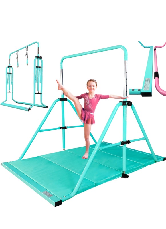 Photo 1 of PreGymnastic Updated Folding Gymnastics Bar with Rings, Foldable Kip Bar with Sturdier Base, Gymnasitc Training Bar for Kids Ages 3-10, Gymnastic Horizontal Bars, Home Gym Equipment for Boys Girls