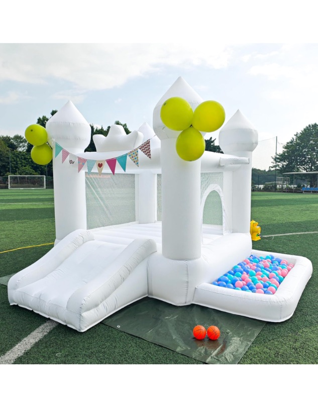 Photo 1 of JIOJIOPLAY 9FT White Bounce House,Inflatable Toddler Bouncy House for 3-6 Age Kids Party Gift with Blower White Jumper Bouncy Castle Wedding Decorations for Outdoor Play Backyard