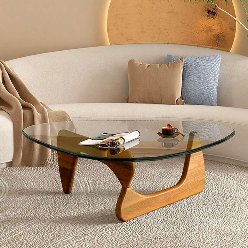 Photo 1 of Coffee Tables for Living Room - Triangle Glass Coffee Table with Wooden Base Mid-Century Modern Abstract End Table for Study Room Office Hotel Balcony (Walnut Transparent, Small 32.2 * 22.4 * 16in)


