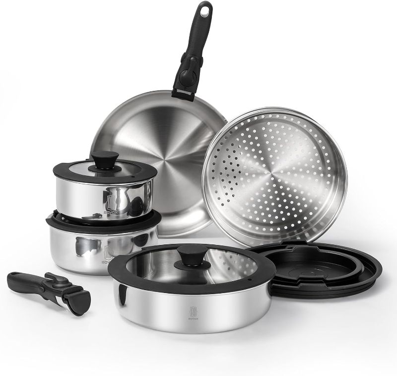 Photo 1 of BRAND NEW**ROYDX 3-Ply Pots and Pans Set,18/10 Stainless Steel Cookware Set with Detachable Handles,PFOA Free, Frying Pan,Saucepans with Lid for All Stoves, Dishwasher and Oven Safe, Camping
