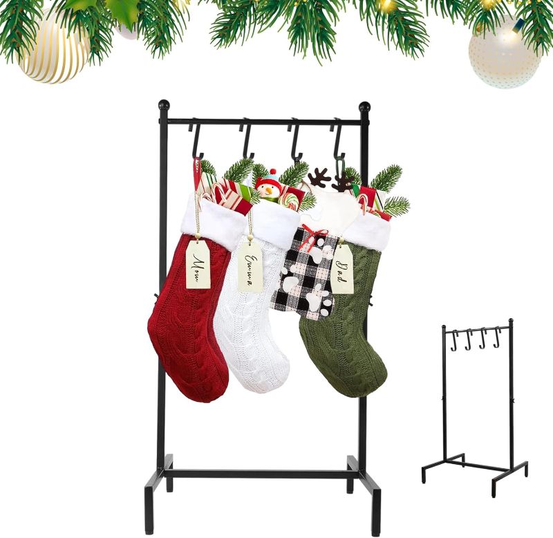 Photo 1 of Black Christmas Stocking Holder Stand for Floor, Free Standing Christmas Stocking Hanger Metal Stand, Christmas Stocking Rack with 6 Removable Hooks
