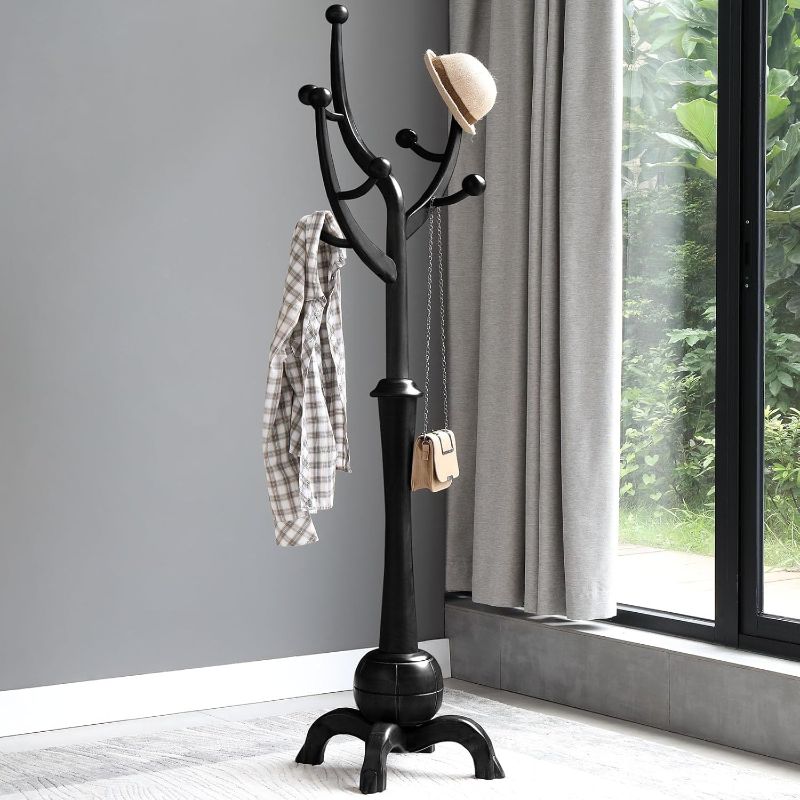 Photo 1 of Heavy Duty Coat Rack Freestanding Wood Tree Rack with 8 Hooks, Unique Design Tree Branch-look, Premium Coat Tree Clothes Hanger Stand with Sphere Base for Entryway, Hallway, Bedroom-Load 160lbs Black
