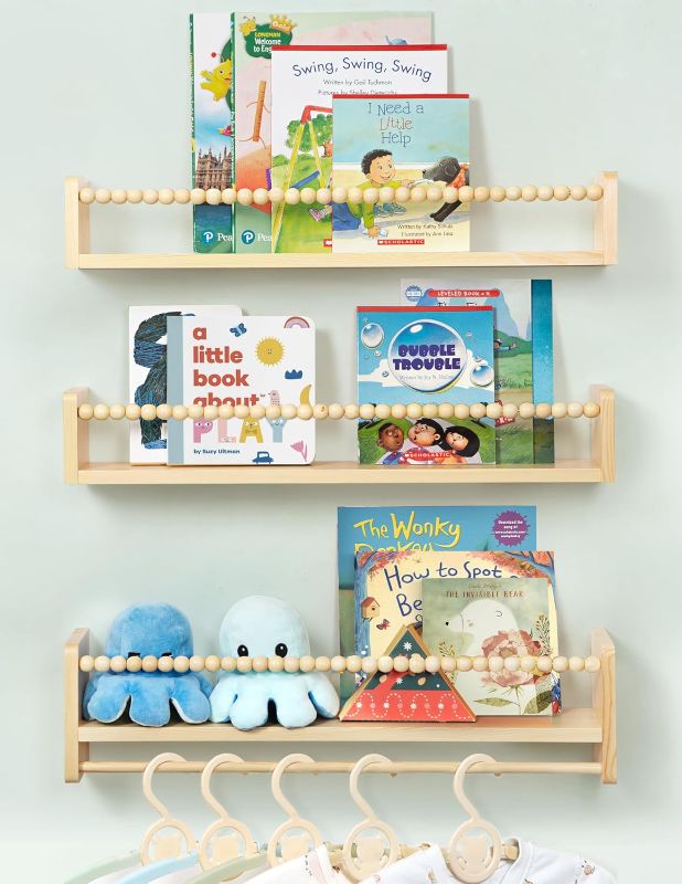 Photo 1 of 23 Inch Nursery Book Shelves, Natural Wood Nursery Floating Shelves Wall Mount Kids Bookshelves Hanging Storage Organizer Nursery Shelves Boho Decor for Kids Room Playroom Bedroom Kitchen
