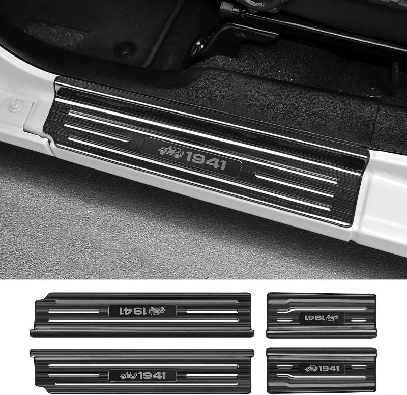 Photo 1 of 4PCS Door Sill Protector for Jeep Wrangler JL JLU 2018-2024 & Gladiator JT 2020-2024 Accessories Stainless Steel Front and Rear Door Car Pedal Kick Protection (Black Brushed)
