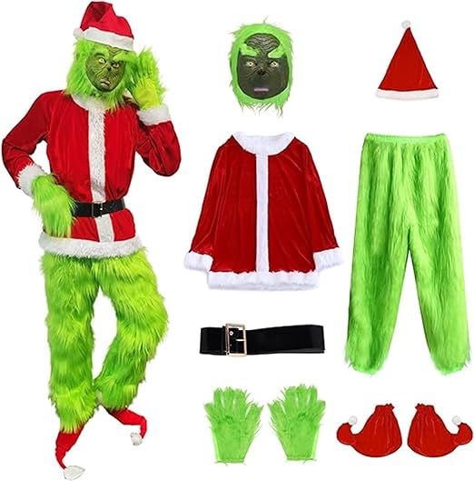 Photo 1 of XL-Green Monster Christmas Costume Including Mask for Men Santa Suit 9PCS Deluxe Furry Halloween Cosplay Outfit
