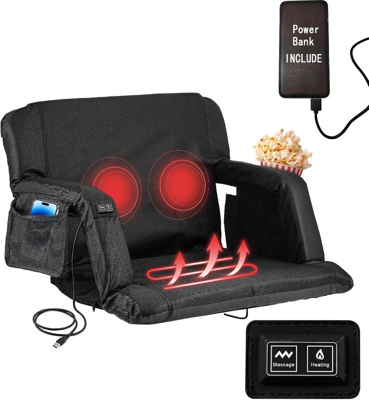 Photo 1 of Heated Massage Stadium Seats, 25 Inch Heated Stadium Seats for Bleachers with 10000mAh Power Bank, 3 Levels of Heat & 6 Massage, 6 Reclining Positions for Indoor Stadiums, Baseball Stadiums
