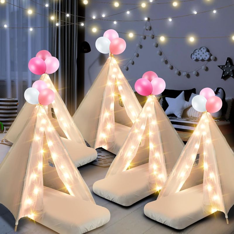 Photo 1 of 6 Pack Sleepovers Teepee Tent for Kids Bulk with Mattress Sheet Light,Natural Cotton Washable Indoor Play Tent for Birthday Slumber Party Girls Boys Pajama Movie Night Supplies(White)
