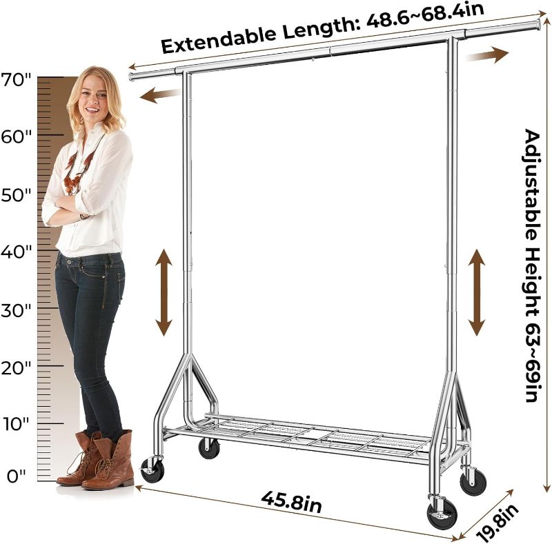 Photo 2 of BRAND NEW**Heavy Duty Clothes Rack Load 450 LBS, Metal Garment Rack, Standing Rolling Clothing Rack for Hanging Clothes with Sturdy Wheels & Shelves, Portable Closet Wardrobe Rack,Sliver
