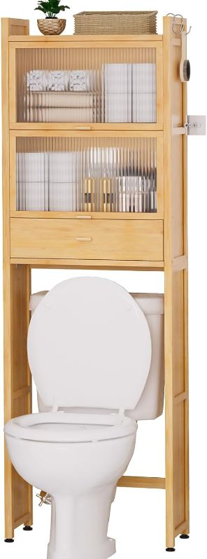 Photo 1 of Over The Toilet Storage Cabinet with Drawer and Flip Door, Bamboo Bathroom Organizer Shelf with Anti-Tip Design and Waterproof Feet Pad,Freestanding Rack Above WC Space Saver (Natural)
