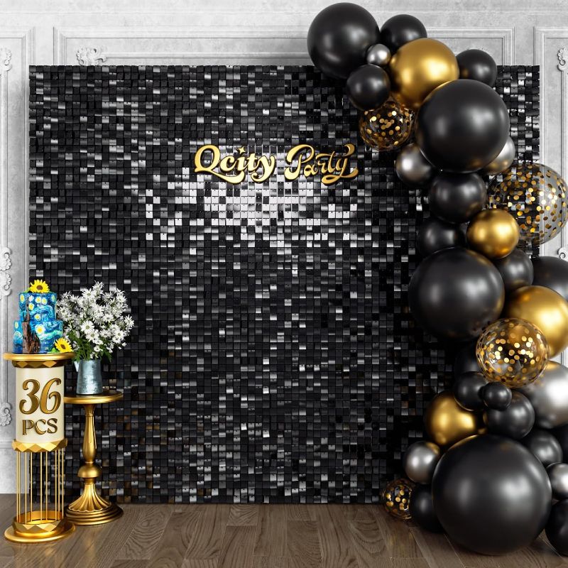 Photo 1 of Black Shimmer Wall Backdrop, 36PCS Square Sequin Glitter Backdrop Panel for Birthdays, Wedding, Anniversary, Graduation, Engagement, Baby Shower and Disco Party Decoration
