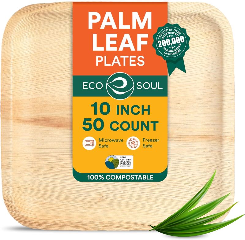 Photo 1 of ECO SOUL Compostable 10 Inch Palm Leaf Square Plates (50 Count) Like Bamboo Plates | Biodegradable | Eco-Friendly, Microwave & Oven Safe
