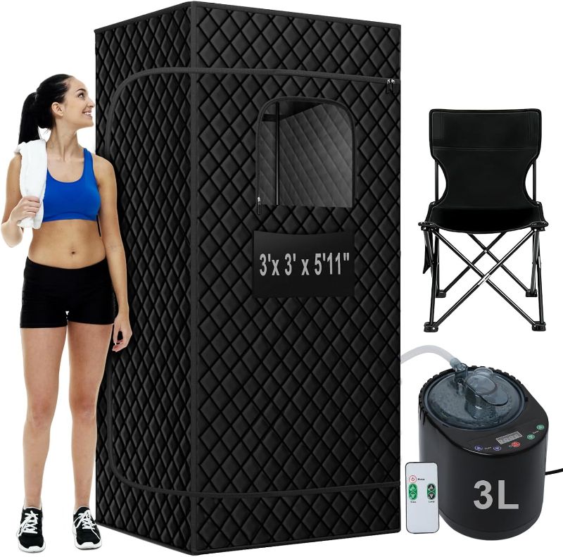 Photo 1 of Portable Steam Sauna 3'x 3' x 5.9' Full Body Sauna Box for Home, Sauna Tent Sauna Box with 3L 1500W Steamer, 9 Levels, 99 Minute Timer with Remote Control, Foldable Chair with Side Pocket
