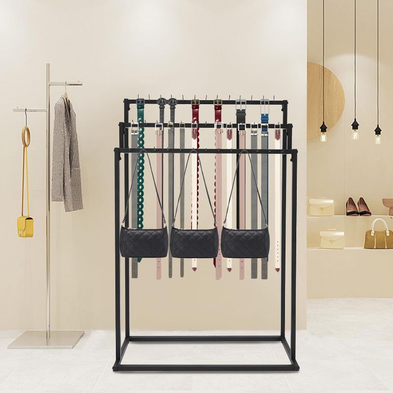 Photo 1 of 3-tier Belt Hanger, Floor Mounted Belt Hanger, Metal Belt Organizer with 39 Hooks, 59.06in Tall Belt Display Rack Purse Display Stand, Metal Closet Display Organizer for Home Commercial Use (Black)
