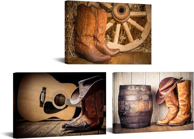 Photo 1 of SEALED PRODUCT** YeiLnm 3 Piece American Western Canvas Printed Cowboy Wall Art Men Bedroom Office Decor Boots West Rodeo Vintage Picture Painting Stretched Gallery Canvas Wrap Home Living Room Decoration Artwork
