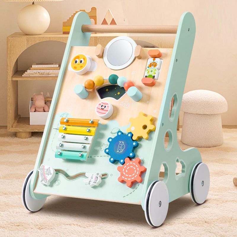 Photo 1 of Wooden Baby Walker Push and Pull Learning Activity Walker, Baby Push Walker for Boys and Girls, Walker Toys with Montessori Inspired Interaction for 1 Year Old Baby Activity Center, Green
