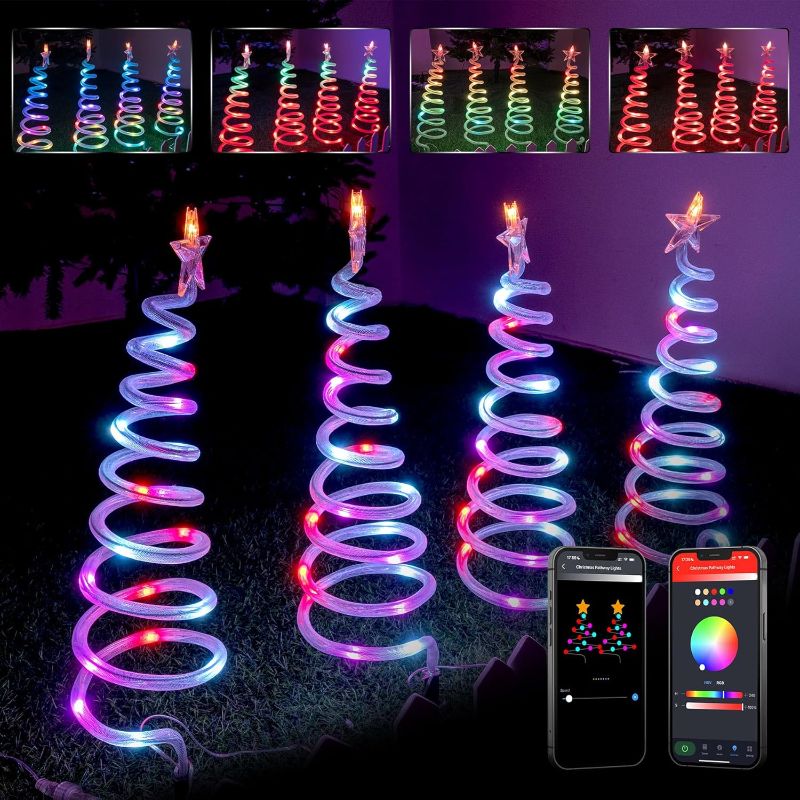 Photo 1 of 4 Pack Spiral Christmas Tree Pathway Lights, Smart Outdoor Christmas Decorations Spiral Tree, Christmas Tree Walkway Lights for Yard, House, Patio, Pathway Decorations-APP Control Waterproof (2FT*4)
