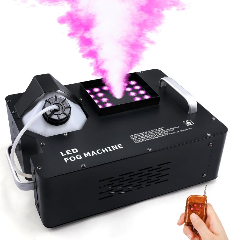 Photo 1 of TCFUNDY 1500W Fog Machine for Halloween, DMX RGB 3 in 1 24 LED Smoke Machine Stage Lighting Vertical Spray with Remote Control
