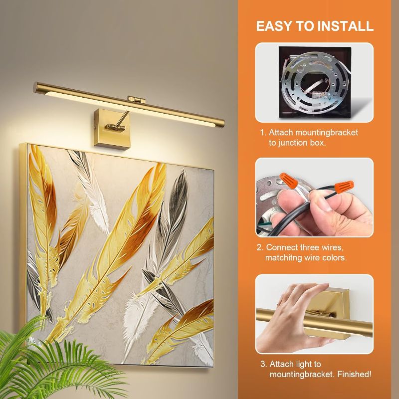 Photo 2 of LED Picture Light Fixtures 24.4 Inches, Full Metal Artwork Wall Lamp with Single Swing Arm, 14W (70W Eqv.), Hardwired Connection, Non-Dimmable, 3000K Warm White, CRI80+, Golden-Like Brass Finish
