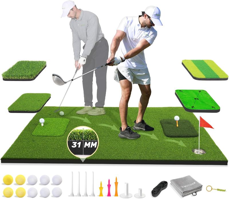 Photo 1 of NEW**MyVoice Ultimate Golf Mat Set - 5x4ft Large Golf Hitting Mat for Indoor & Outdoor Use, Thickened Design with Interchangeable Mats, Includes 10 Practice Balls & 9 Tees, Golf Enthusiasts
