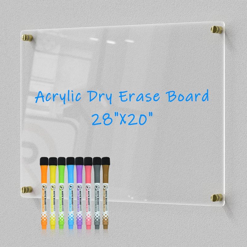 Photo 1 of Transparent Acrylic Dry Erase Board | 28x20 Versatile Writing Panel | Includes 8 Bright Markers, Eraser, Colorful Mounting Screws & Easy Install Kit | Ideal for Home, Office, Classroom
