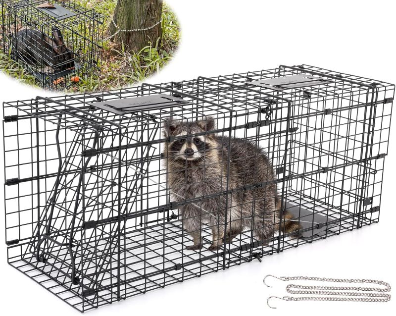 Photo 1 of Live Animal Trap Cage, 32" Raccoon Large Traps Detachable into 16" Small Box Trap for Groundhog, Stray Cats Humane Rodent Cage Indoor & Outdoor Heavy Duty Foldable Steel Cat Catcher Catch Release
