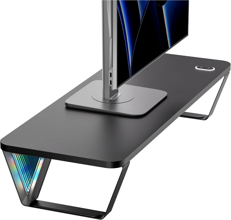 Photo 1 of Monitor Stand Riser, Monitor Stand for Desk with RGB Lights, 24 Inches Wooden Computer Riser, Desk Organizer for Printers/PC and Laptop for Home & Office, Black
