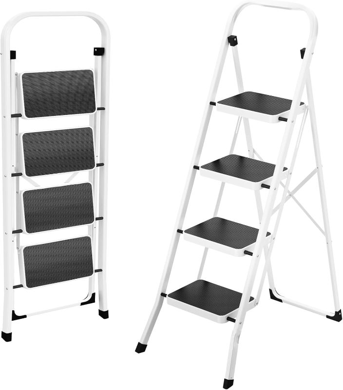 Photo 1 of HBTower Step Ladder 4 Step Folding Ladder, Lightweight Portable Stepladder with Anti-Slip Pedal, Ladders with Convenient Handrails,330 lbs Capacity Step Stool for Kitchen, Home,White
