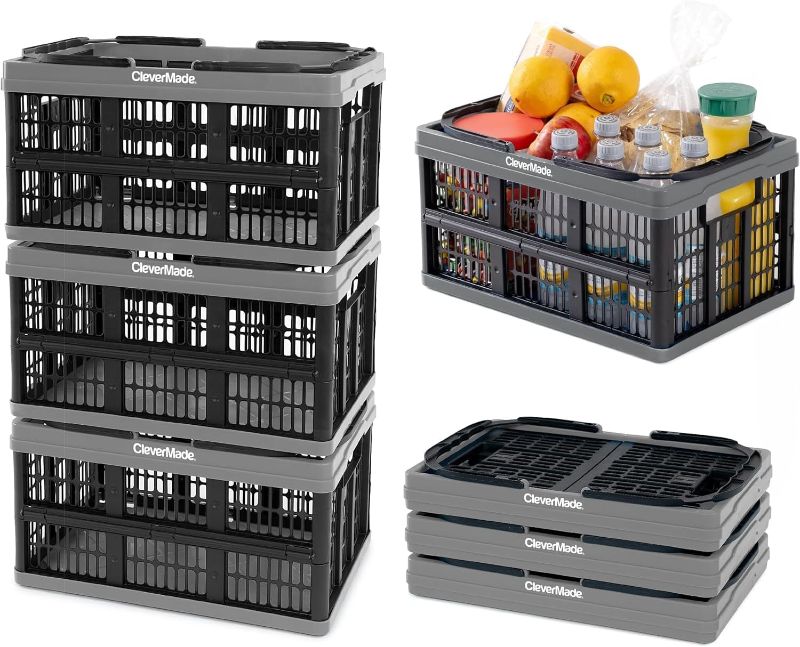 Photo 1 of CleverMade Collapsible Shopping Basket, Charcoal, 3PK - 16L (4 Gal) Reusable Plastic Grocery Shopping Baskets, Holds 22lbs Per Basket - Small Foldable Storage Crates with Handles
