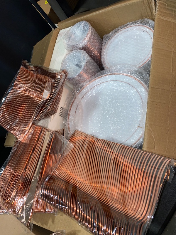 Photo 2 of LIKE NEW**700 PCS Rose Gold Disposable Plates for 100 Guests, Plastic Dinnerware Sets Include 200 Rose Gold Rim Plastic Plates, 100 Silverware, 100 Cups, 100 Paper Napkins for Party, Valentine’s Day
