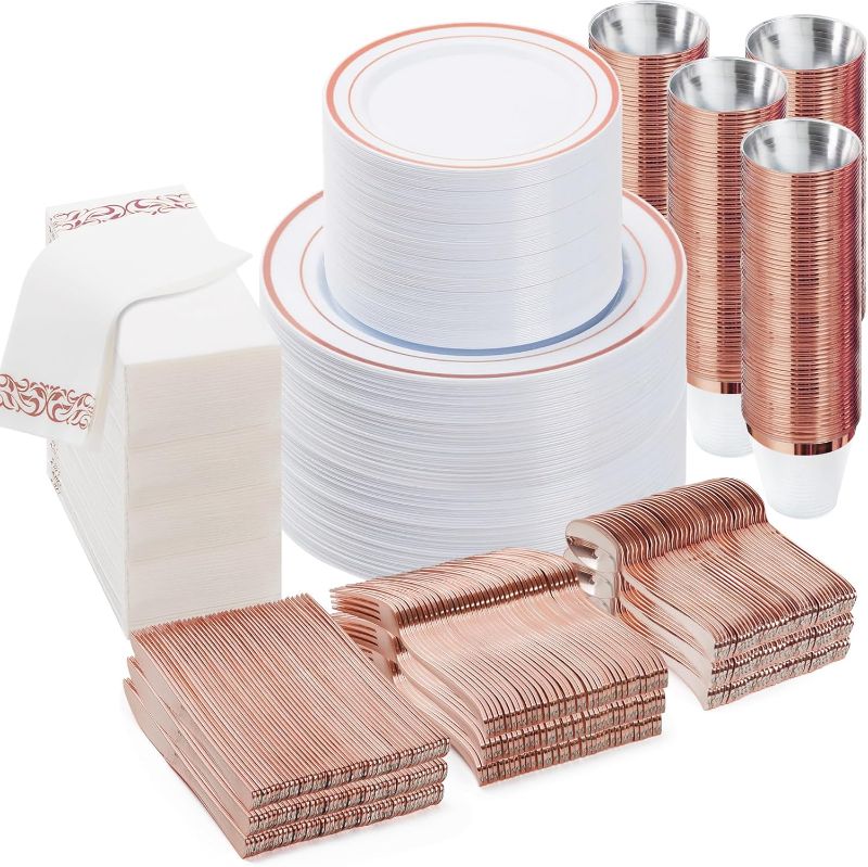 Photo 1 of LIKE NEW**700 PCS Rose Gold Disposable Plates for 100 Guests, Plastic Dinnerware Sets Include 200 Rose Gold Rim Plastic Plates, 100 Silverware, 100 Cups, 100 Paper Napkins for Party, Valentine’s Day
