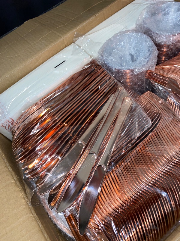 Photo 3 of LIKE NEW**700 PCS Rose Gold Disposable Plates for 100 Guests, Plastic Dinnerware Sets Include 200 Rose Gold Rim Plastic Plates, 100 Silverware, 100 Cups, 100 Paper Napkins for Party, Valentine’s Day
