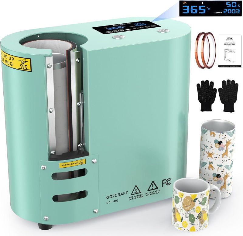 Photo 1 of GO2CRAFT Auto Full Print Tumbler Heat Press Machine, Automatic Rotation Advanced Cup Heat Press with Fast & Even Heating, 4 Memory Modes for 11-30oz Sublimation Tumblers, Mug, Glasses(Turquoise)
