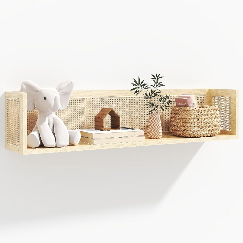 Photo 1 of Rattan Wall Shelf 36 Inch Long, Natural Pine Wood Nursery Floating bookshelf, Wicker Shelf for Wall Storage, Boho Floating Shelf for Netural Nursery Decor, Magazine Wall Rack for Living Room, Bedroom
