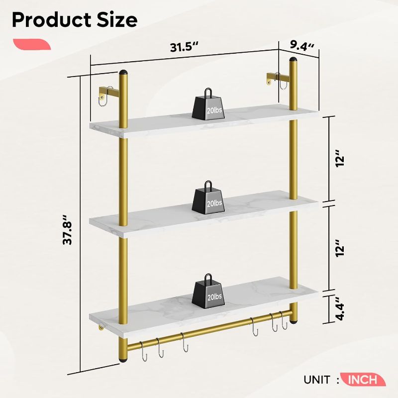 Photo 2 of Bestier Floating Kitchen Shelves Wall Mounted, 3 Tier 31.5" Industrial Pipe Shelf with Towel Bar Hooks, Coffee Bar Shelf Wall Decor Hanging Display Rack Bookshelf for Kitchen Living Room, White Marble
