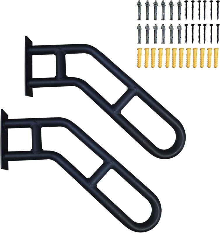 Photo 1 of 2 Pack Bent Stair Handrails for Outdoor Steps?Hand Railings for 1-3 Steps with Black Matte Finish?Wall Mounted Railings Safety Grab Bar with 2 Anti-Skid Crossbar for Garage, Porch, Garden, Yard
